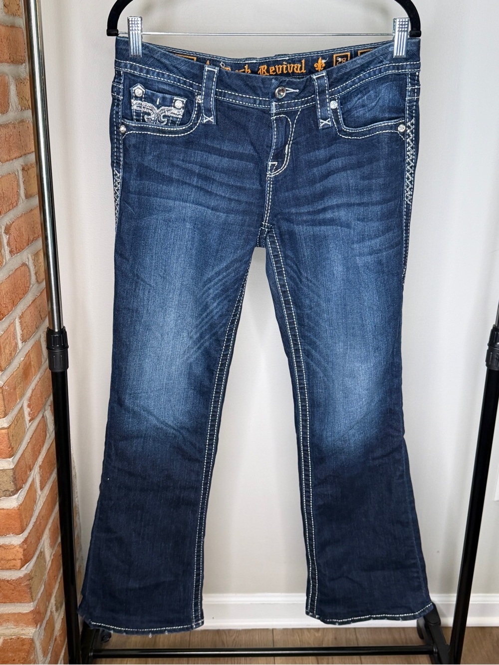 NFR Grunge Easy Boot Betty Dark Blue Bejeweled Rhinestone Bootcut Jeans HEMMED